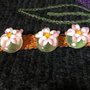 Lampwork Glass Round Bead, with pink/white flowers, side drill hole Set of 3